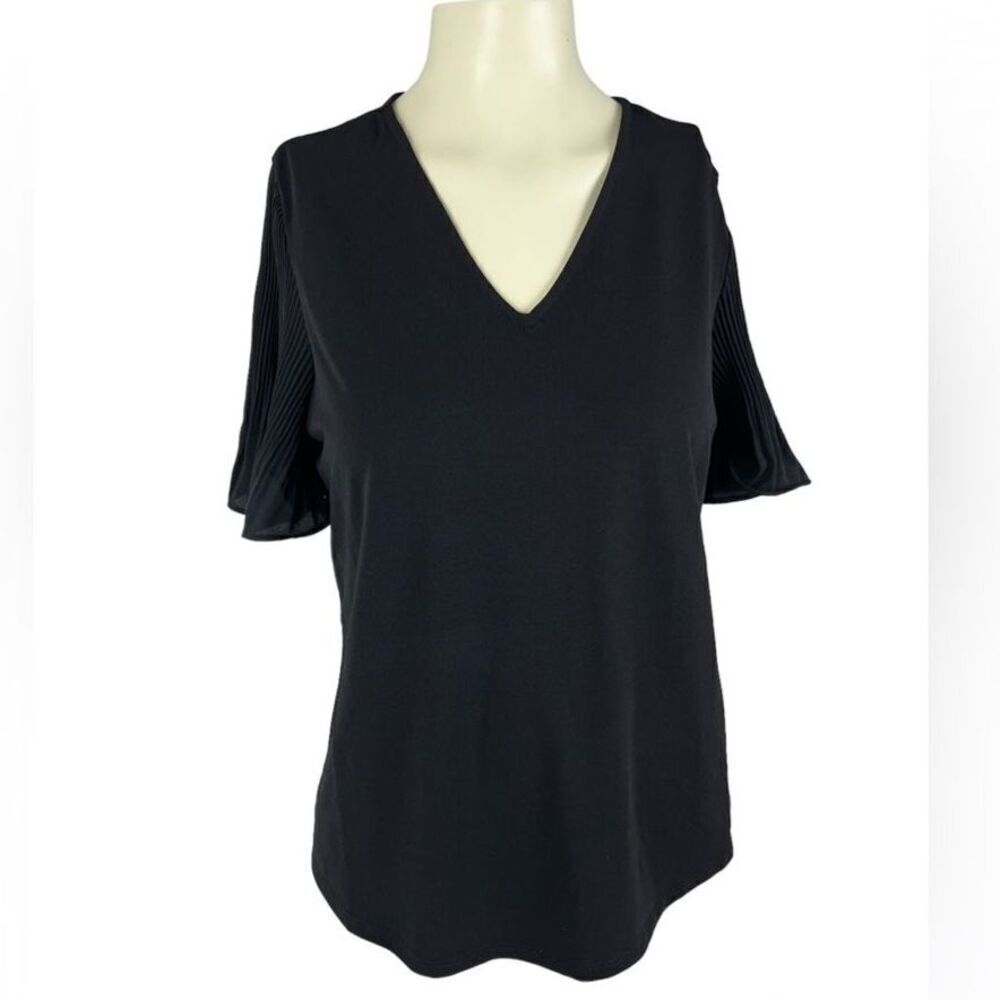 Adrianna Papell Womens V-neck Pleated Sleeve Crepe Blouse Top Black Sz Small NWT
